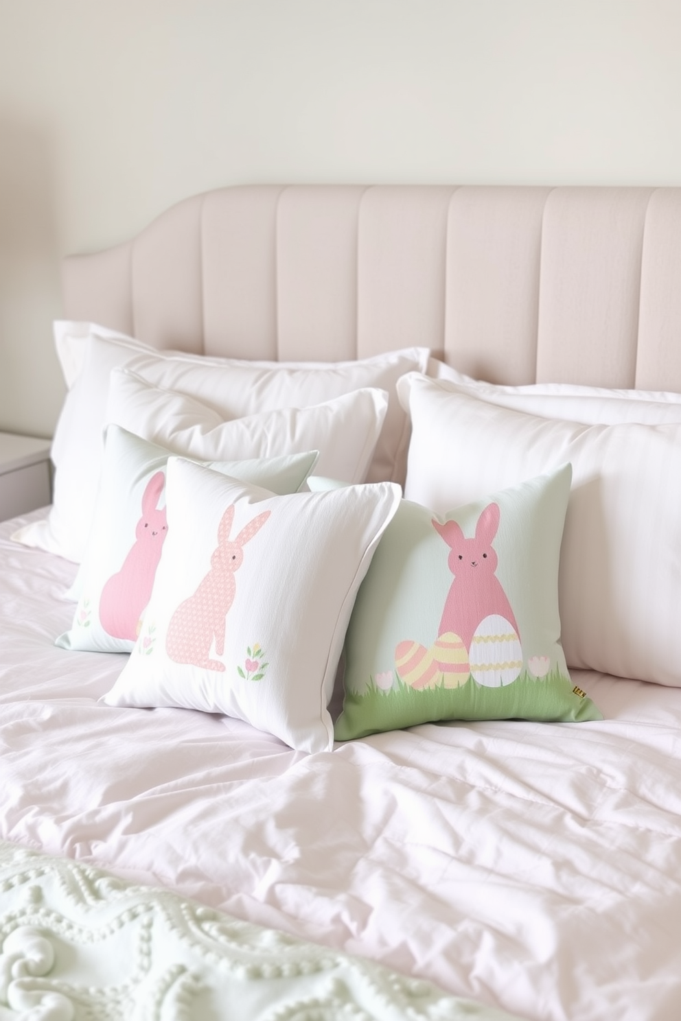 Easter themed decorative pillows are arranged on a beautifully made bed with a soft pastel colored duvet. The pillows feature playful patterns of bunnies and eggs, adding a festive touch to the serene bedroom atmosphere.