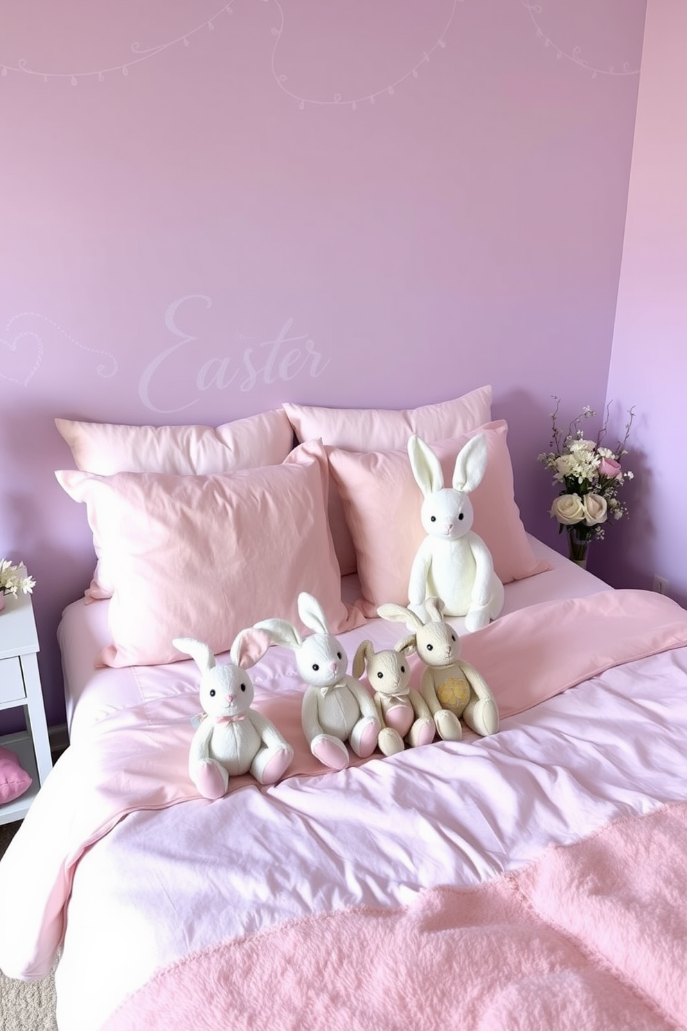 A cozy bedroom setting featuring a neatly made bed adorned with soft pastel-colored linens. On the bed, several adorable bunny plush toys are playfully arranged, adding a whimsical touch to the Easter decor. The walls are painted in a light lavender hue, creating a serene atmosphere. Delicate floral accents are scattered throughout the room, enhancing the festive and cheerful vibe of the Easter celebration.