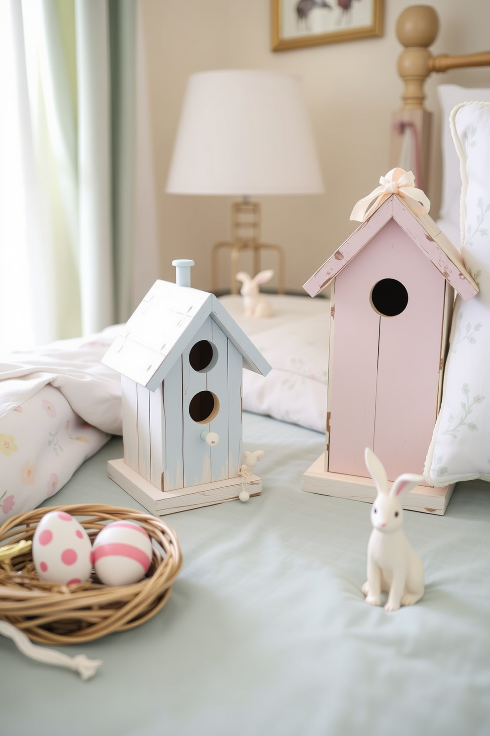 Create a cozy bedroom setting adorned with charming quilts featuring vibrant floral patterns. The bed is covered with a patchwork quilt, and decorative pillows in coordinating colors are arranged neatly at the head. Easter decorations bring a festive touch with pastel-colored accents and small floral arrangements. A cheerful bunny figurine sits on the nightstand, complementing the overall springtime theme.