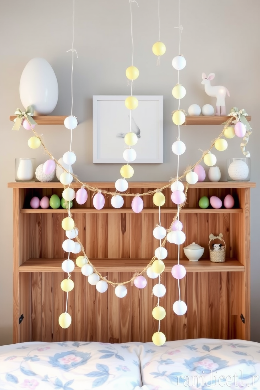 Easter egg garlands drape elegantly from wooden shelves adorned with pastel-colored decorations. Soft lighting illuminates the space, enhancing the cheerful ambiance of the bedroom with playful touches of springtime charm.