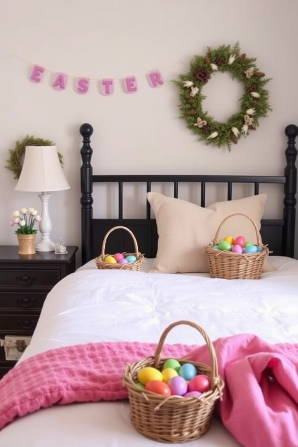 Create a cozy bedroom scene decorated for Easter. Include decorative baskets filled with colorful eggs placed on a bedside table and at the foot of the bed.