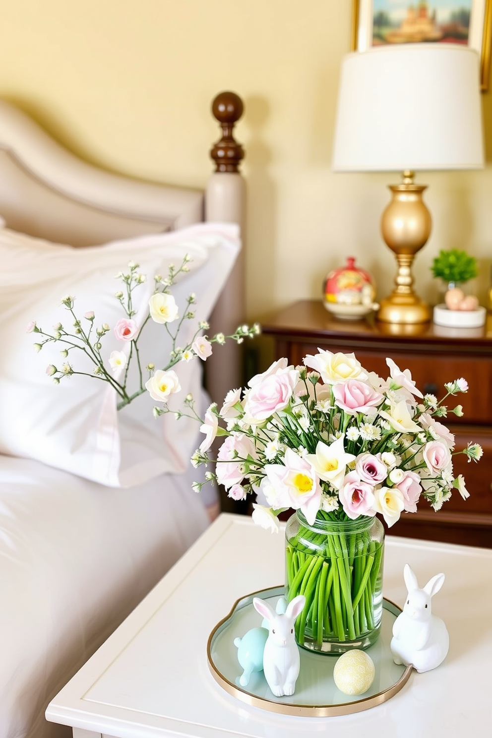 A bright and cheerful bedroom adorned with spring flowers in vibrant vases. The vases are placed on a light wooden nightstand next to a neatly made bed with pastel-colored linens. Colorful Easter decorations are tastefully arranged throughout the room. A charming bunny figurine sits on the dresser, complementing the fresh floral arrangements.