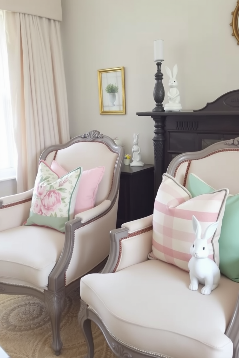 Pastel colored throw pillows are arranged on a pair of elegant armchairs, adding a soft and inviting touch to the room. The pillows feature various patterns such as florals and stripes, enhancing the overall aesthetic of the space. The bedroom is adorned with charming Easter decorations, including pastel eggs and delicate bunny figurines