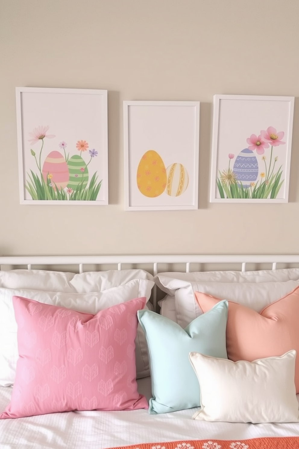 Create a cozy bedroom featuring Easter themed wall art that showcases colorful eggs and spring flowers in a whimsical style. The walls are adorned with framed prints in pastel colors, complemented by soft bedding and decorative pillows that enhance the festive atmosphere.