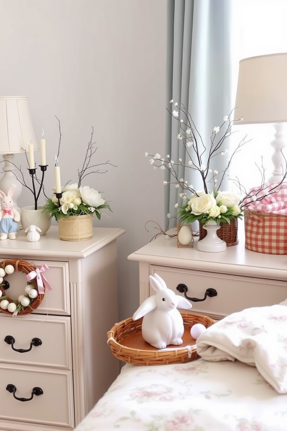 Vintage style Easter decorations adorn the dressers creating a charming and nostalgic atmosphere. Delicate pastel colors and antique-inspired ornaments are thoughtfully arranged to evoke a sense of warmth and celebration in the bedroom.