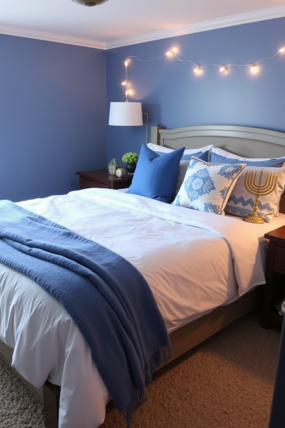 A cozy bedroom featuring a blue and white bedding set that creates a tranquil atmosphere. The bed is adorned with plush pillows and a soft throw blanket, inviting relaxation and comfort. For Hanukkah decorating ideas, the room is enhanced with subtle festive touches. Decorative menorahs and dreidels are placed on the nightstands, while string lights add a warm glow to the space.