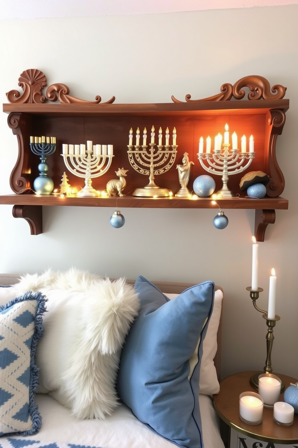 Decorative candles in various heights are arranged on a stylish tray placed on a bedside table. The soft glow of the candles creates a warm and inviting atmosphere in the bedroom. For Hanukkah decorating ideas, a beautiful menorah is positioned on the window sill, surrounded by festive blue and silver accents. The room is adorned with elegant drapery that complements the holiday theme, enhancing the overall ambiance.