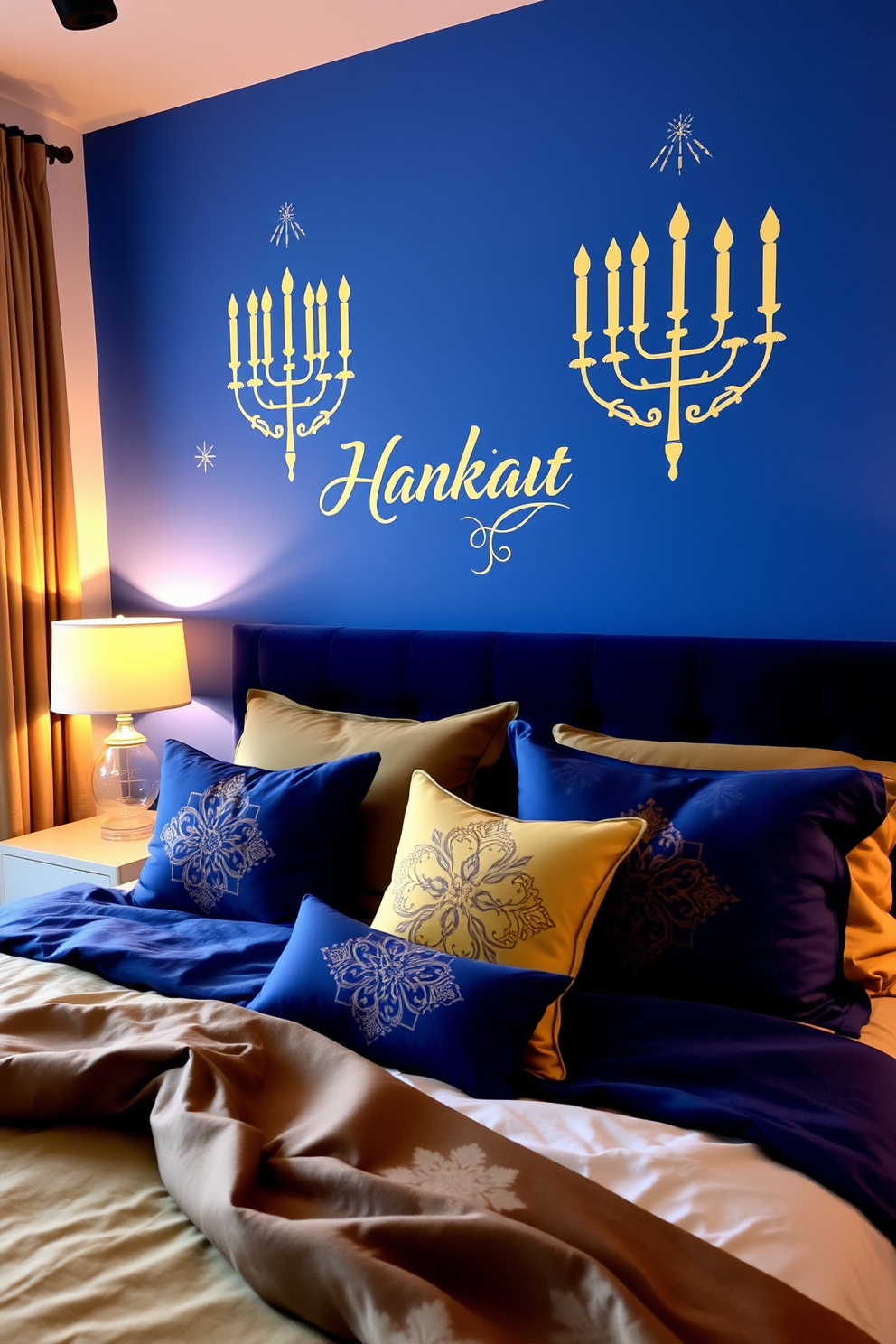 A serene bedroom featuring a blue accent wall adorned with elegant gold wall decals that reflect the festive spirit of Hanukkah. The room is filled with soft lighting, and a cozy bed is dressed in rich blue and gold linens, complemented by decorative pillows showcasing traditional motifs.