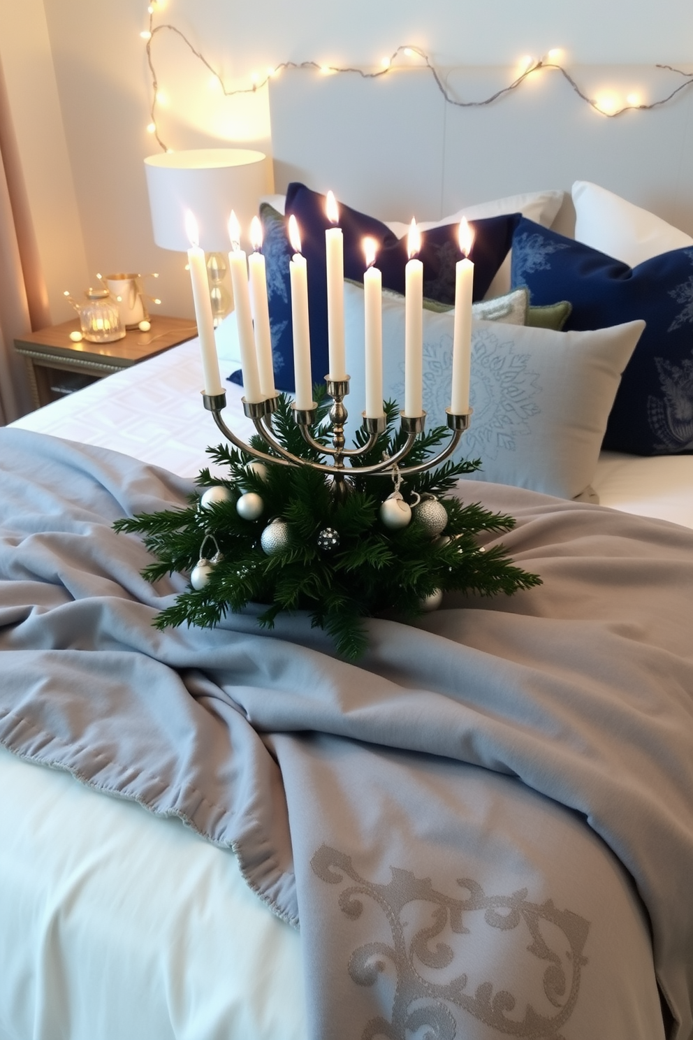 A beautifully arranged tabletop menorah is adorned with seasonal greenery, creating a festive and inviting atmosphere. The soft glow of the candles illuminates the surrounding decorations, enhancing the warmth of the space. In the bedroom, Hanukkah decorations feature elegant textiles in shades of blue and silver, complemented by twinkling fairy lights. A cozy throw blanket drapes over the bed, while decorative pillows add a touch of seasonal charm.