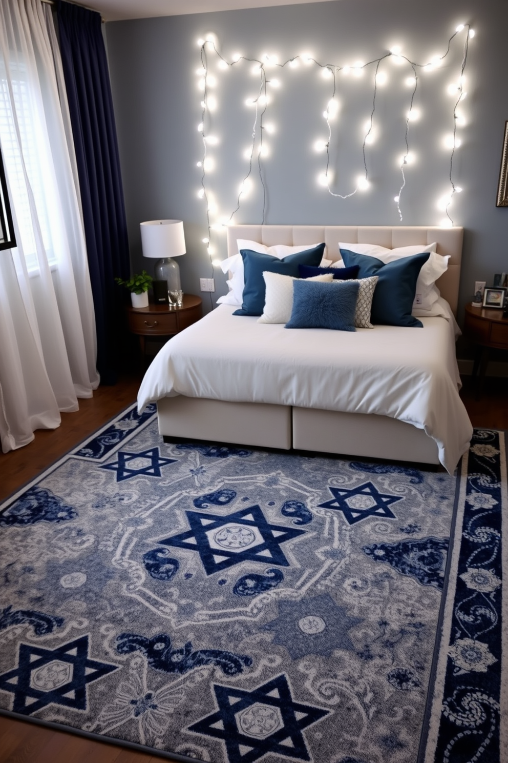 A cozy bedroom adorned with warm woolen blankets in festive colors. The bed is neatly made with a mix of deep blues, rich reds, and soft whites, creating a cheerful atmosphere for Hanukkah celebrations.