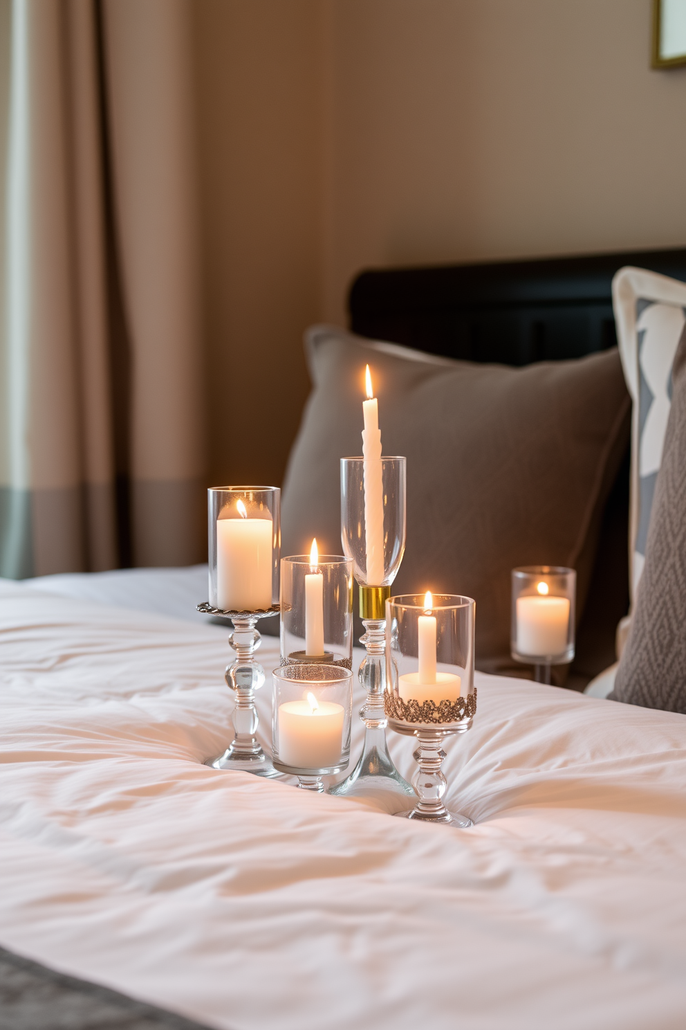 A cozy bedroom setting adorned with decorative candles in elegant glass holders. The soft glow of the candles creates a warm and inviting atmosphere, perfect for the festive Hanukkah celebration.