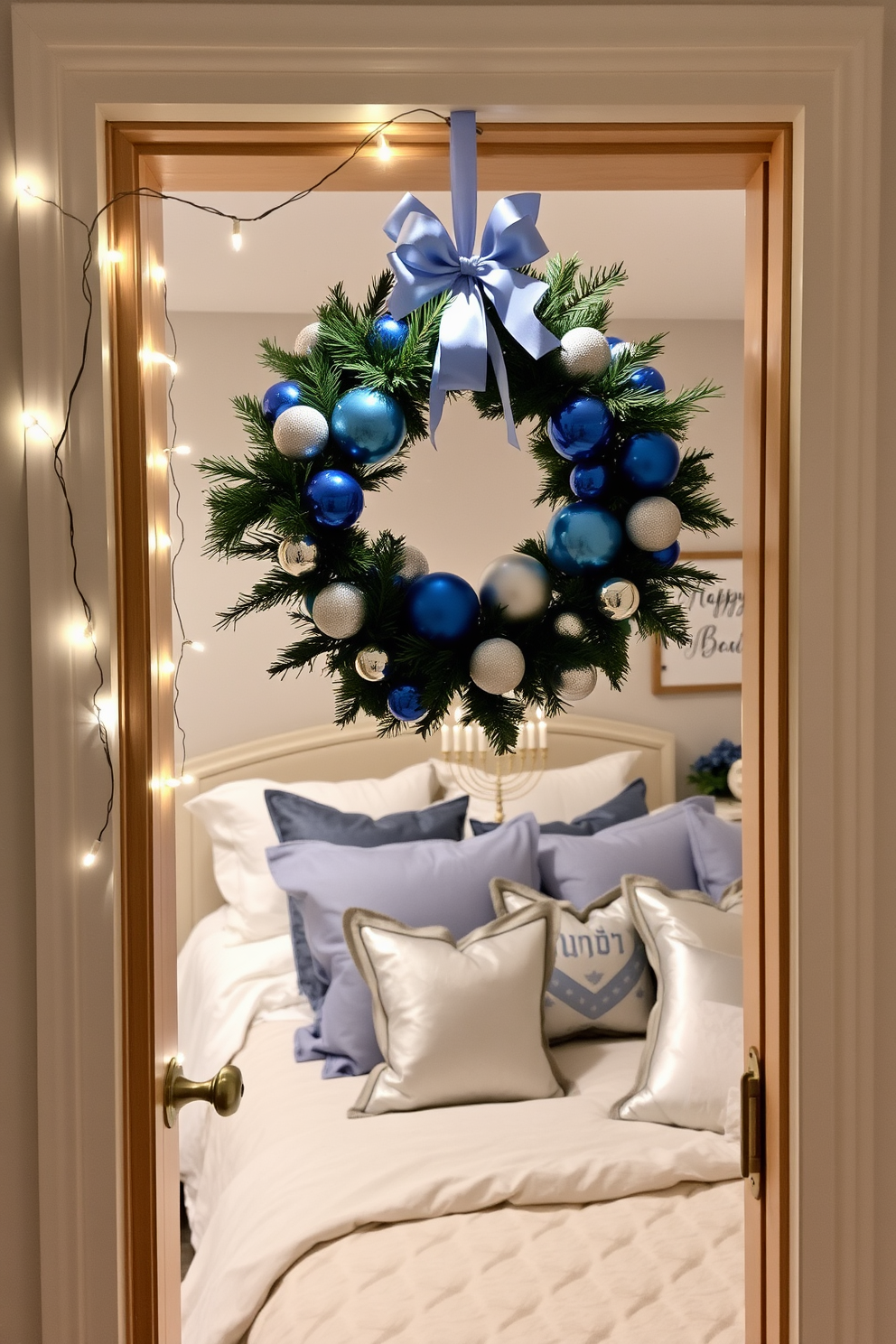 A festive wreath adorned with blue and silver ornaments hangs on the bedroom door, welcoming guests with a touch of holiday cheer. The wreath is complemented by twinkling fairy lights that softly illuminate the entrance. Inside the bedroom, a cozy atmosphere is created with soft blue and white linens on the bed, accented by silver throw pillows. Hanukkah decorations such as a menorah on the nightstand and dreidel-themed artwork adorn the walls, celebrating the festive spirit.