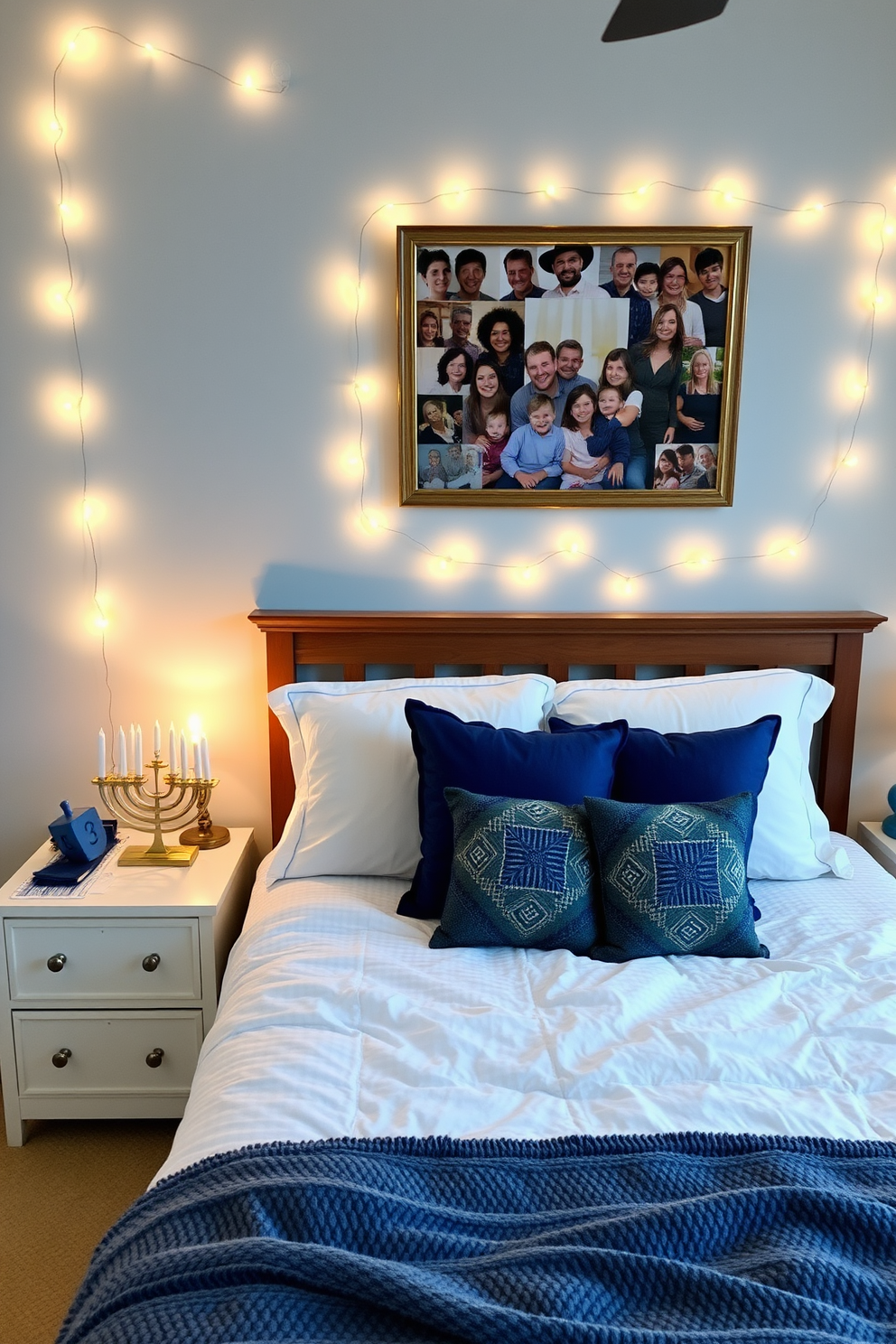 A cozy bedroom adorned for Hanukkah. The walls are painted in soft blue tones, and a festive photo collage featuring family memories is displayed above the bed. Decorative menorahs and dreidels are arranged on the nightstands. Warm white string lights illuminate the room, creating a cheerful and inviting atmosphere.