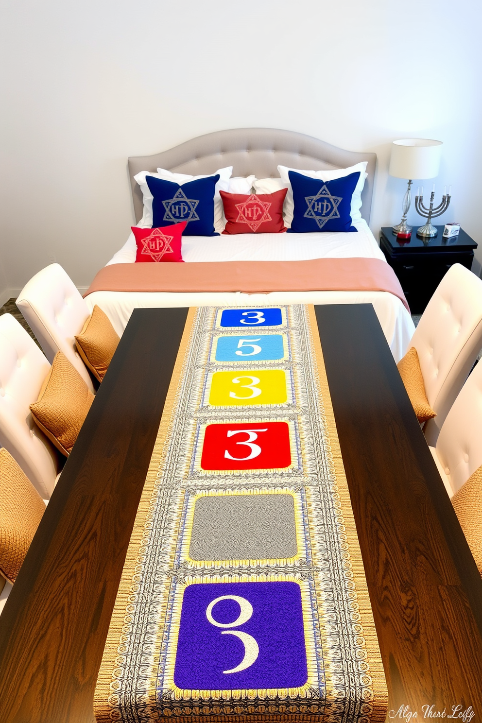 A colorful dreidel table runner is spread across a modern dining table, featuring vibrant hues of blue, red, and gold. Surrounding the table are elegant dining chairs adorned with festive cushions that enhance the celebratory atmosphere. In the bedroom, soft white bedding contrasts with decorative pillows showcasing traditional Hanukkah symbols. A small menorah is placed on the nightstand, adding a warm glow to the cozy holiday decor.