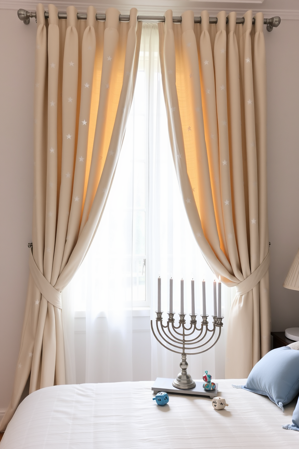 Elegant linen curtains drape gracefully over a large window, filtering soft light into the room. The curtains are adorned with delicate star patterns that shimmer subtly, enhancing the serene atmosphere. In the bedroom, festive Hanukkah decorations complement the elegant design. A beautifully arranged menorah sits on the bedside table, surrounded by decorative dreidels and soft blue accents.