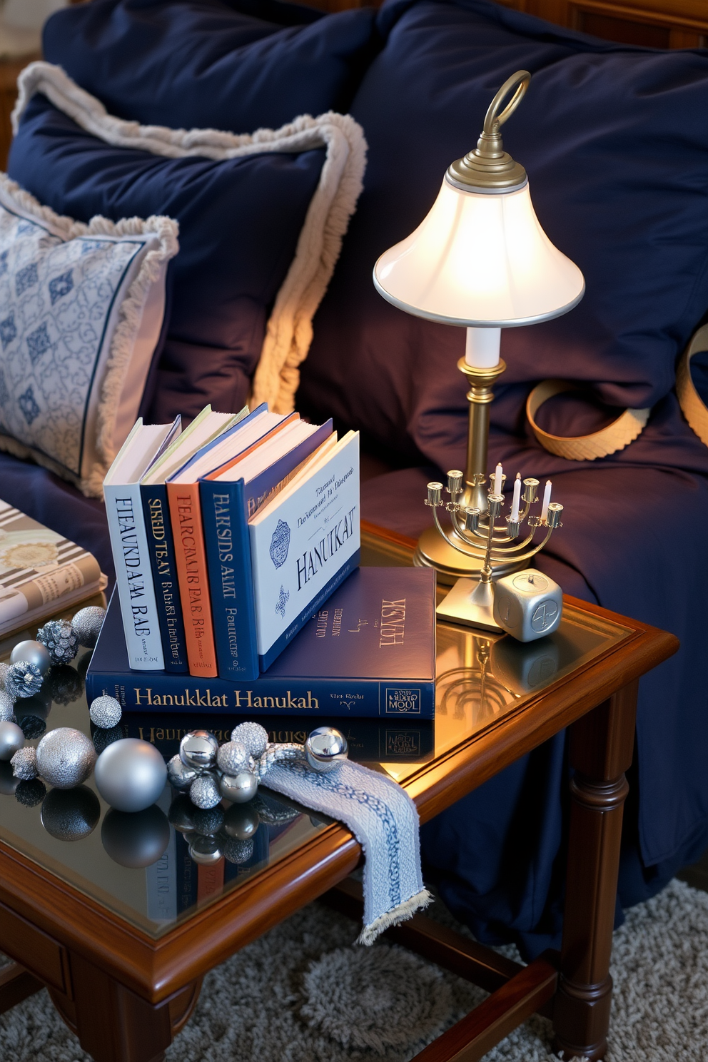 A cozy bedside table adorned with a collection of beautifully bound books featuring Hanukkah themes. Soft blue and silver decorations surround the table, with a small menorah and a decorative dreidel placed nearby. The bed is dressed in rich navy linens, complemented by silver and gold accent pillows. A warm glow from a nearby lamp casts a gentle light over the festive decorations, creating a serene and inviting atmosphere.