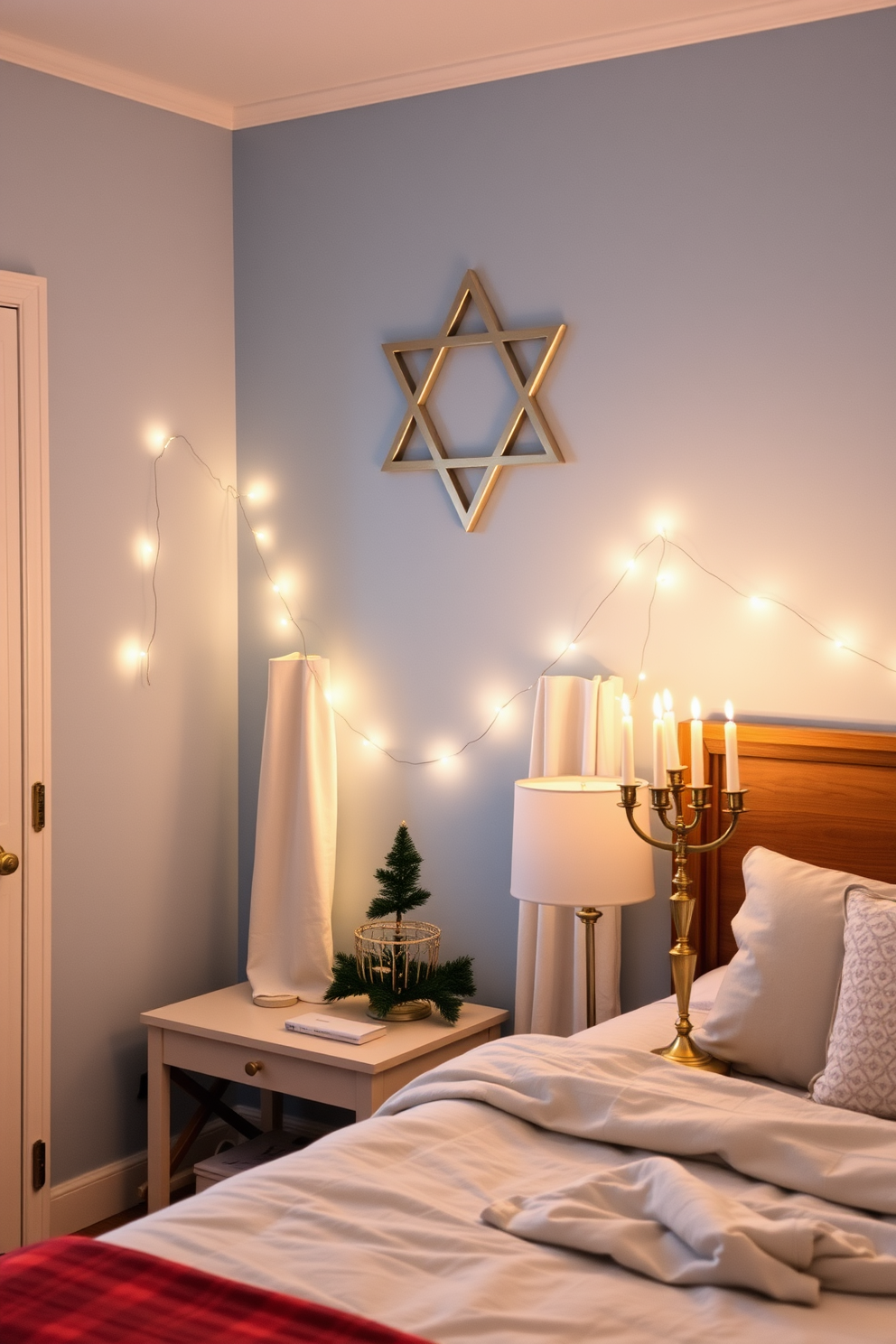 A cozy bedroom featuring a prominent Star of David wall art display. The walls are painted in a soft blue hue, creating a serene atmosphere perfect for relaxation. Incorporate elegant Hanukkah decorations throughout the room. Delicate string lights are draped around the window, and a festive menorah sits on the bedside table.