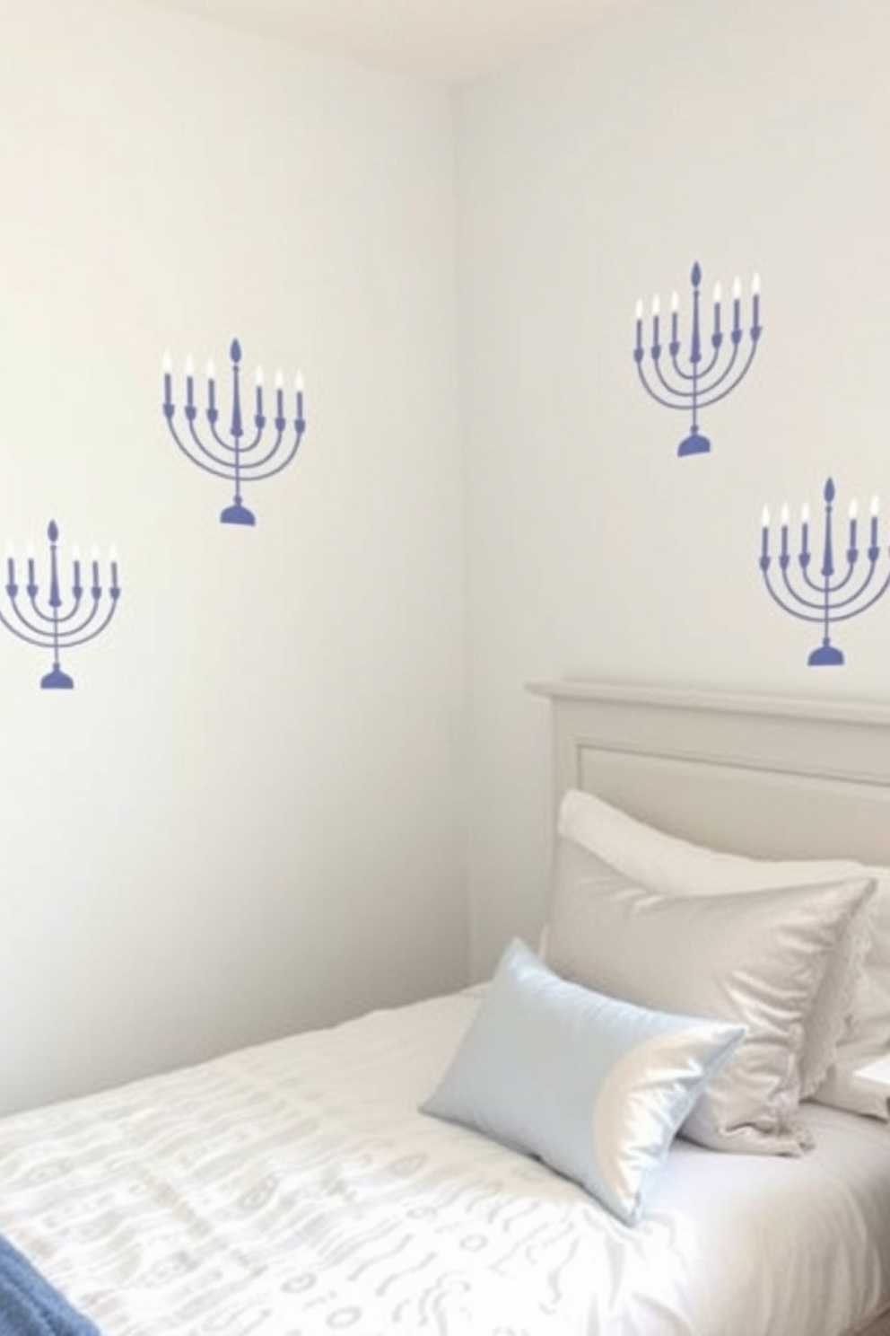 Creative wall decals of the menorah adorn the walls, adding a festive touch to the bedroom. Soft blue and silver accents complement the decals, creating a serene atmosphere perfect for Hanukkah celebrations.