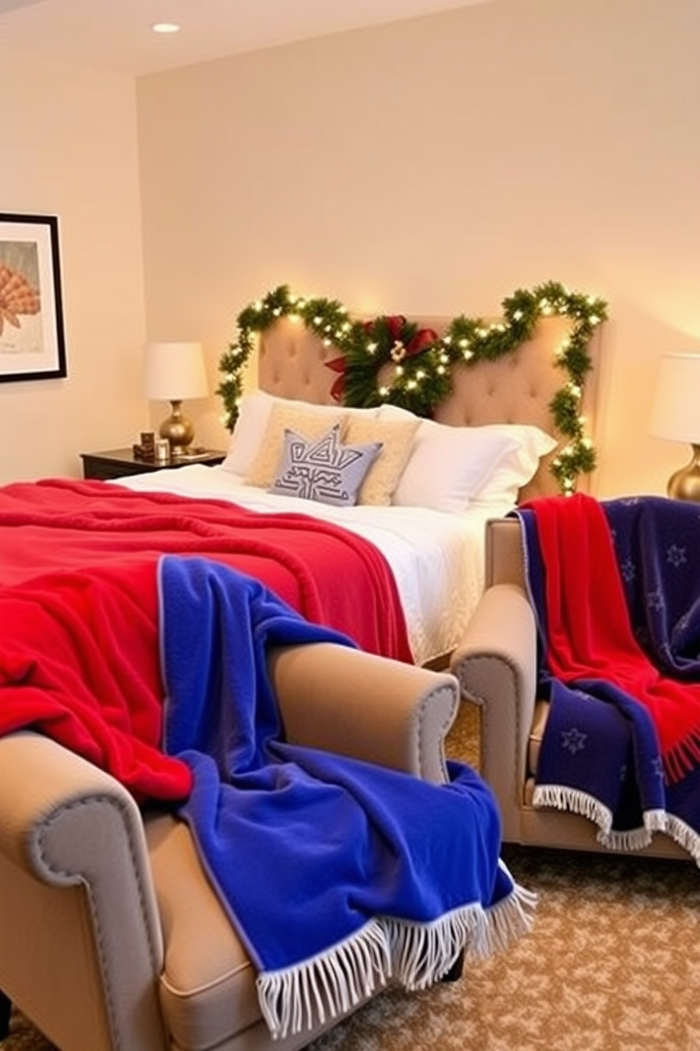 A cozy bedroom adorned with framed family photos celebrating Hanukkah. The walls are painted in a soft blue hue, and a warm, inviting bed is dressed in festive bedding featuring stars and menorahs. On the nightstands, decorative candles are lit, casting a gentle glow throughout the space. A beautifully arranged menorah sits on the dresser, surrounded by shimmering blue and silver ornaments.