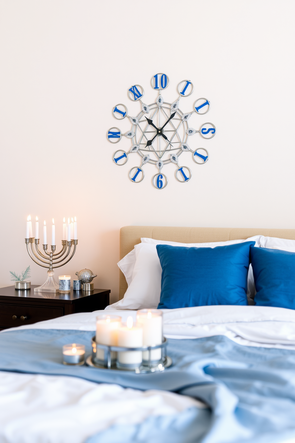 A stylish Hanukkah-themed wall clock is prominently displayed on the wall, featuring a beautiful design with blue and silver accents. The clock's hands are adorned with small Stars of David, adding a festive touch to the room. In the bedroom, soft blue and white bedding complements the Hanukkah decorations, creating a cozy atmosphere. A menorah sits on the nightstand, surrounded by decorative candles that illuminate the space with a warm glow.