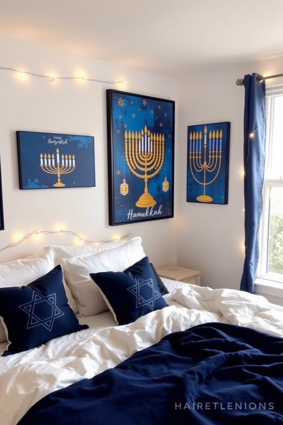 A cozy bedroom adorned with layered rugs in festive colors that create a warm and inviting atmosphere. The rugs, featuring rich reds, deep blues, and vibrant greens, are artfully arranged under a plush bed dressed in elegant linens. Decorative elements reflecting Hanukkah traditions are thoughtfully placed around the room. A beautifully lit menorah sits on a bedside table, while cheerful garlands and stars enhance the festive decor.