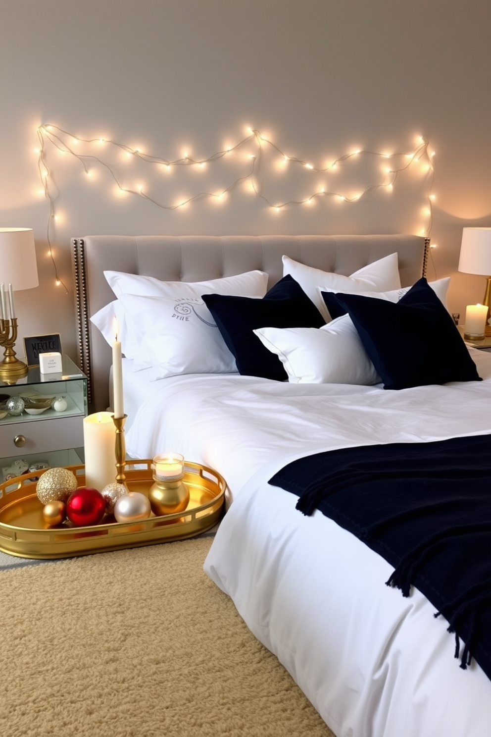 A stylish bedroom adorned for Hanukkah features a plush bed with crisp white linens and a navy blue throw blanket. On the nightstands, gold and silver decorative trays hold candles and festive ornaments, adding a touch of elegance to the space. The walls are painted in a soft gray, creating a serene backdrop for the holiday decor. Twinkling fairy lights are draped along the headboard, enhancing the cozy atmosphere while celebrating the spirit of the season.