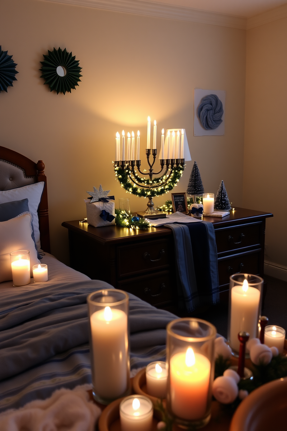 A vibrant display of Hanukkah gift wrap fills the room with festive cheer. The wrapping paper features bold colors and traditional patterns, neatly arranged on a decorative table. The bedroom is adorned with Hanukkah-themed decor, creating a cozy and inviting atmosphere. Soft blue and silver accents complement the warm glow of candlelight from a menorah on the nightstand.