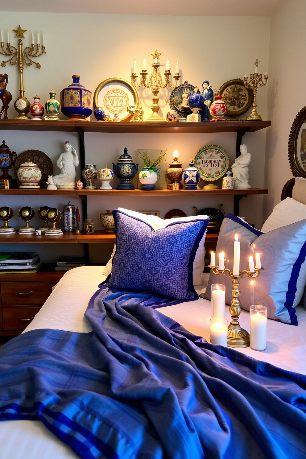 Vintage Hanukkah decorations adorn the shelves, featuring a collection of ornate dreidels, colorful menorahs, and hand-painted ceramic pieces. Soft, warm lighting highlights the intricate details of each decoration, creating a cozy and inviting atmosphere. In the bedroom, Hanukkah decorating ideas include a beautifully draped blue and silver throw blanket on the bed, complemented by matching pillows. A small menorah sits on the nightstand, surrounded by festive candles and a decorative dreidel, adding a touch of holiday spirit to the space.