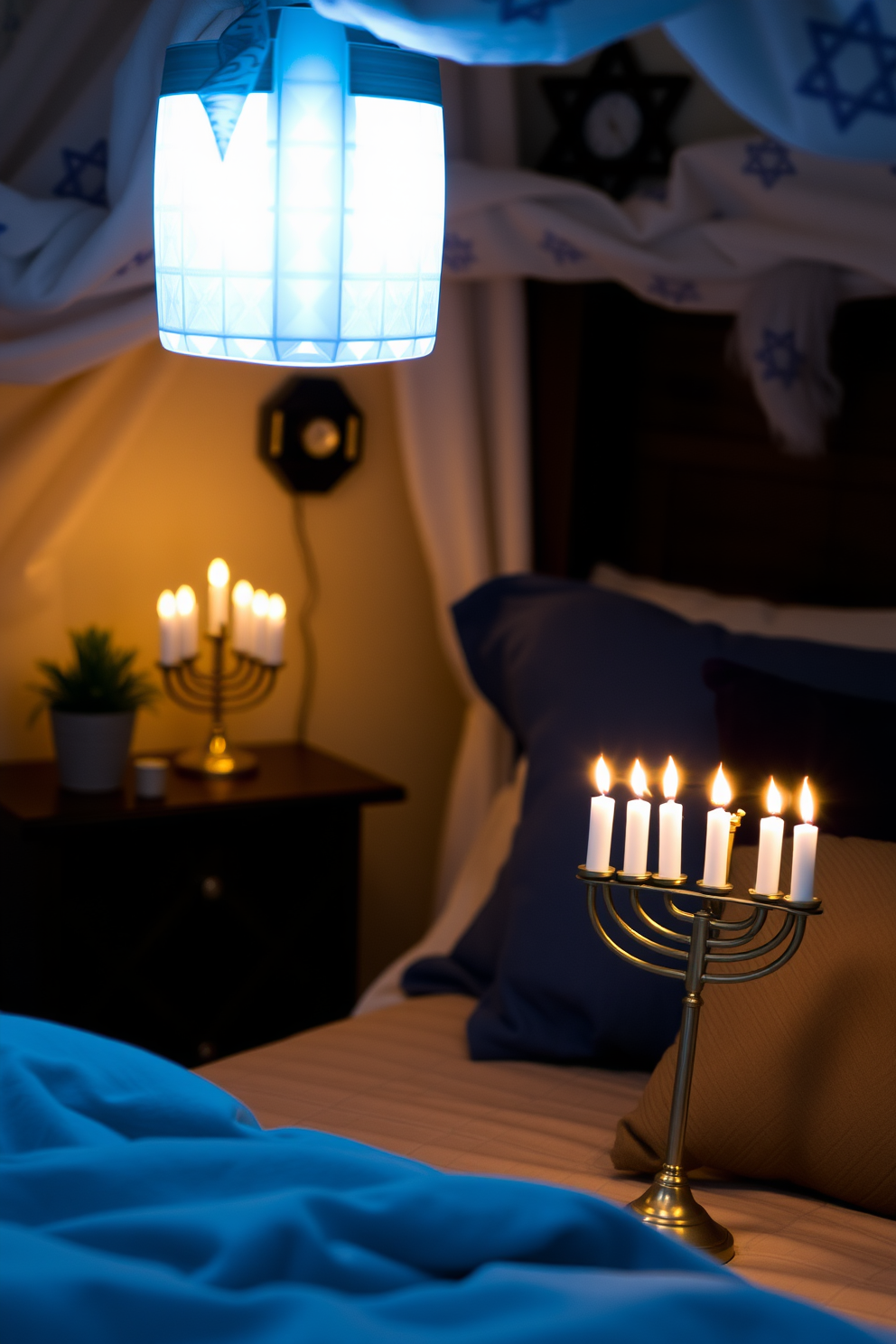 A charming holiday-themed nightlight illuminates a cozy bedroom adorned with Hanukkah decorations. The walls are draped with blue and white fabrics, while a menorah sits elegantly on the bedside table, casting a warm glow.