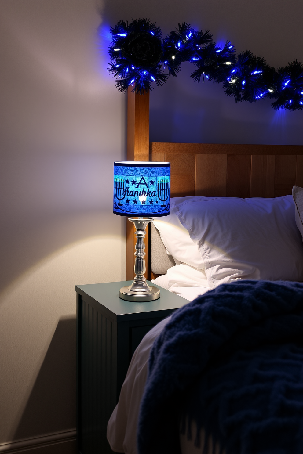 A decorative Hanukkah-themed table lamp sits on a nightstand beside a cozy bed. The lamp features a blue and silver design with stars and menorahs, casting a warm glow in the softly lit bedroom. The bedroom is adorned with festive Hanukkah decorations, including a beautiful garland of blue and white lights draped across the headboard. A plush throw blanket in shades of blue is layered over the bed, enhancing the holiday spirit.