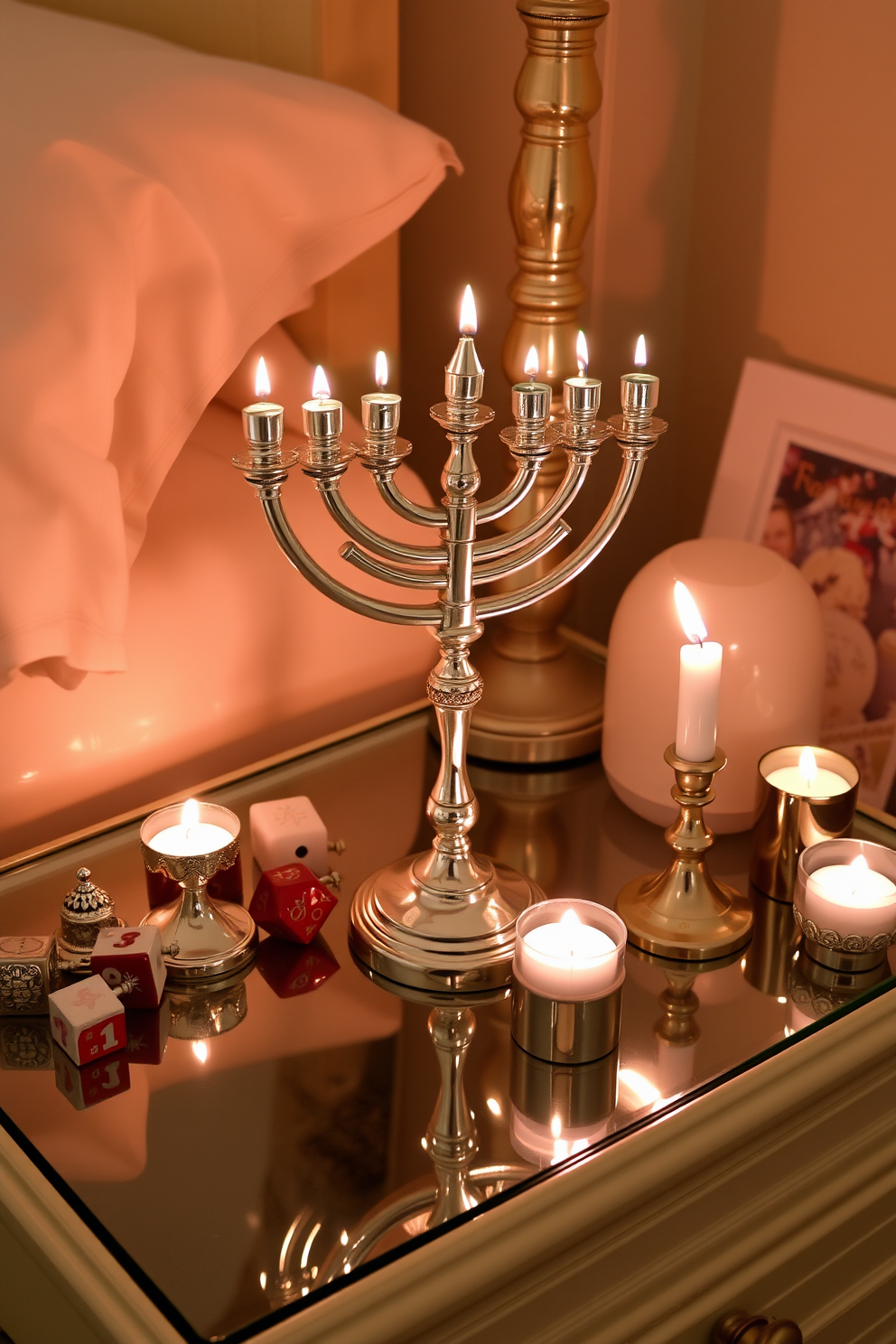 A beautifully crafted DIY menorah centerpiece sits elegantly on a nightstand. The menorah is adorned with colorful candles, surrounded by festive decorations that capture the spirit of Hanukkah. Soft, warm lighting enhances the cozy atmosphere of the bedroom. Decorative elements such as blue and silver accents complement the overall Hanukkah theme, creating a serene and inviting space.