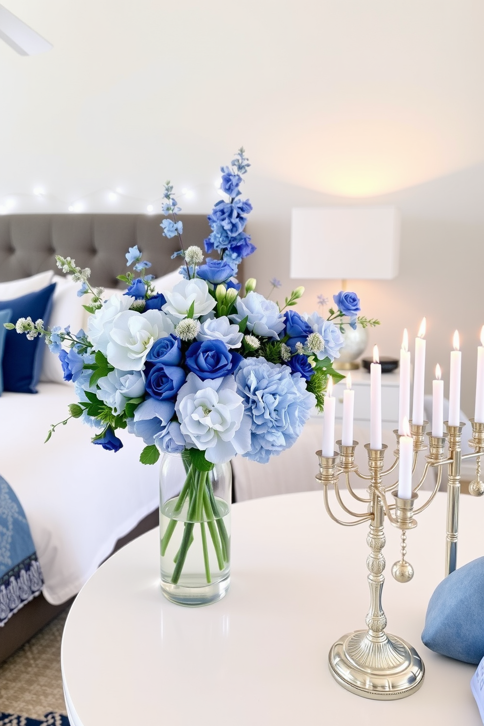 A stylish storage solution for holiday decorations features a sleek, modern cabinet with a warm wood finish. The cabinet includes adjustable shelving and decorative baskets, providing both functionality and aesthetic appeal. In a beautifully decorated bedroom for Hanukkah, the space is adorned with soft blue and silver accents. Twinkling string lights are draped over the headboard, and a cozy throw blanket is layered across the bed, enhancing the festive atmosphere.