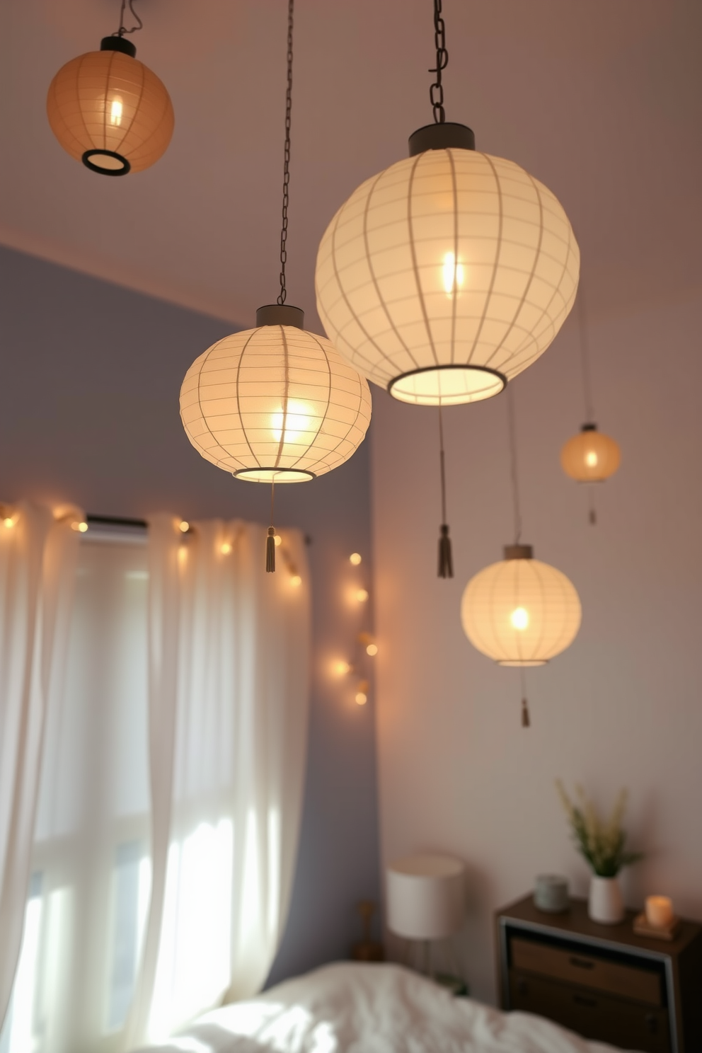 A cozy bedroom setting adorned with hanging paper lanterns that emit a warm glow. The walls are painted in soft blues and whites, creating a serene atmosphere perfect for Hanukkah celebrations.