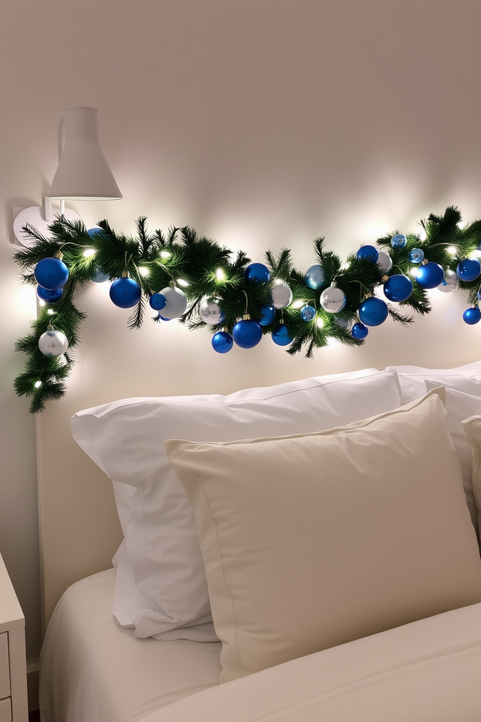 A festive garland adorned with blue and silver ornaments drapes elegantly along the headboard, creating a cheerful atmosphere in the bedroom. Soft white lights twinkle within the garland, enhancing the warmth and joy of the Hanukkah celebration.