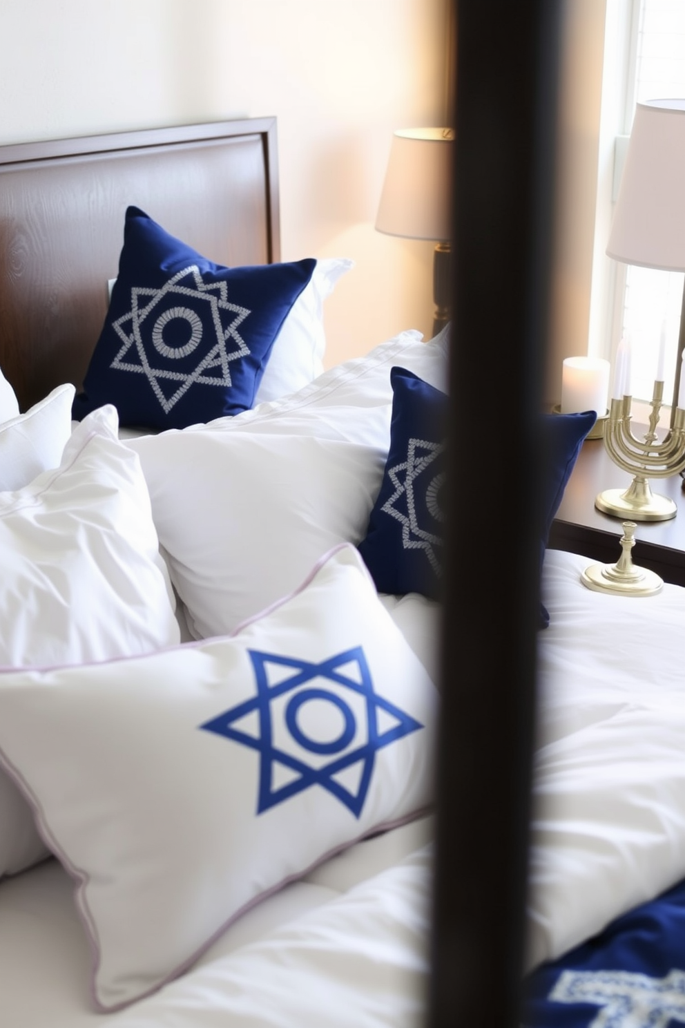 Create a cozy bedroom setting adorned with Hanukkah-themed throw pillows featuring blue and silver designs. The bed is dressed in crisp white linens, and the pillows add a festive touch, complementing the soft glow of a menorah on the nightstand.