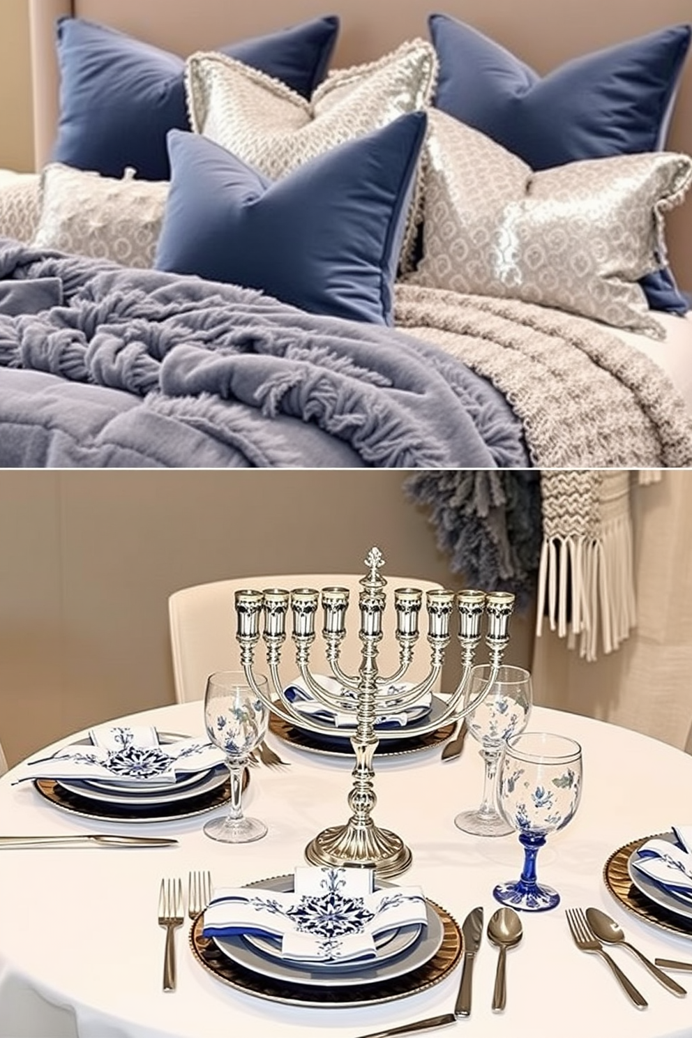 An elegant bedroom adorned with silver and gold table accents. The nightstands feature ornate lamps with shimmering gold bases and elegant silver shades, creating a warm and inviting atmosphere. Decorative elements include a beautifully arranged menorah on the dresser, complemented by silver and gold candle holders. Soft, plush bedding in neutral tones enhances the festive decor, making the space feel both luxurious and cozy.