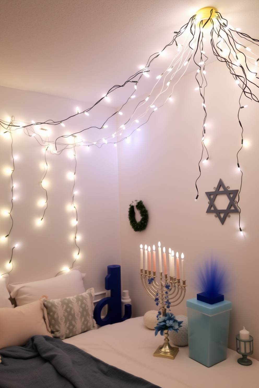 A cozy bedroom adorned with Hanukkah-themed artwork on canvas. The walls are painted in soft blue, creating a serene backdrop for the vibrant artwork featuring menorahs and dreidels. A beautifully made bed is dressed in white linens with a navy blue throw blanket. Decorative pillows in shades of gold and silver add a festive touch, complementing the overall Hanukkah decor.