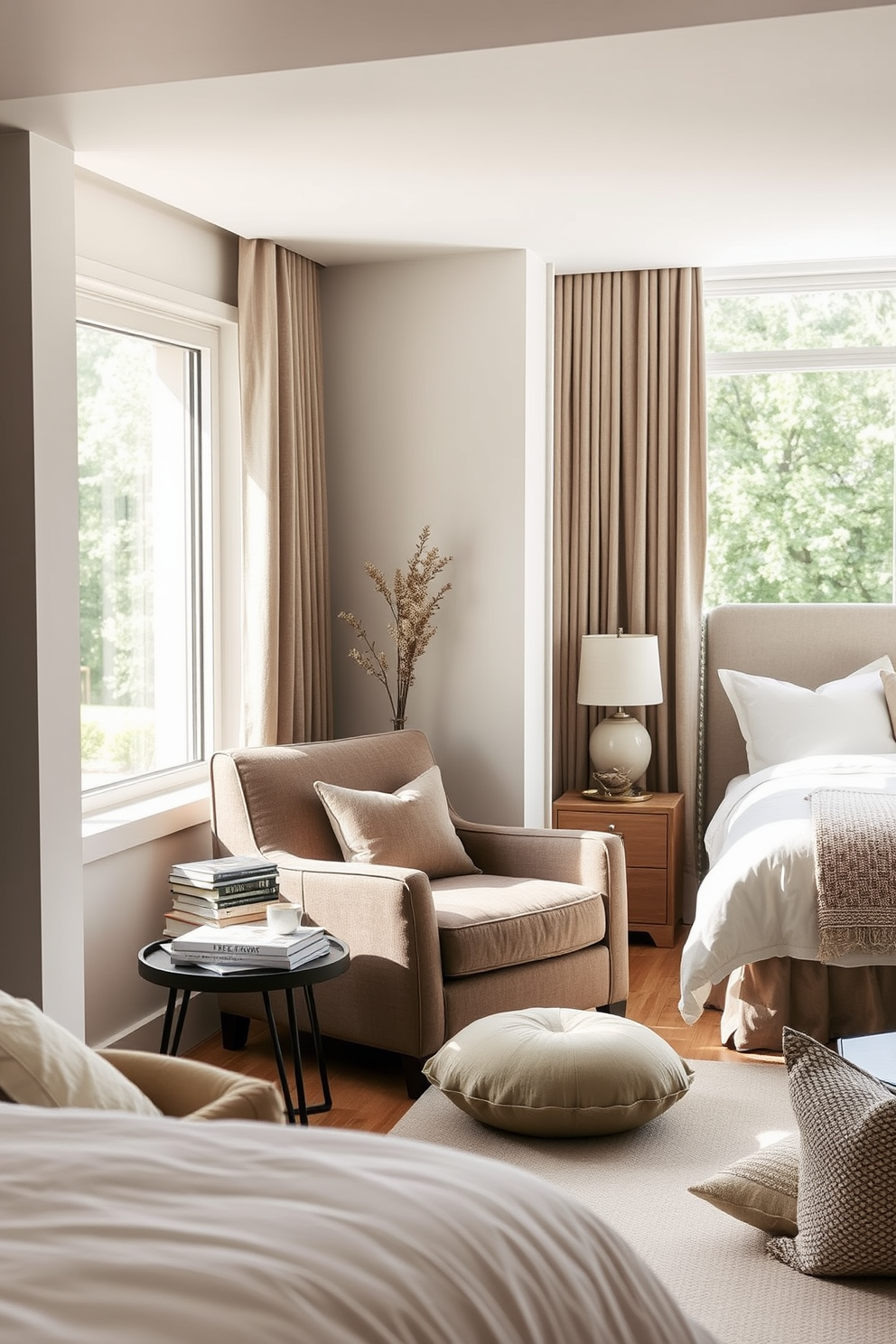 Cozy nook with a daybed setup. The space features a plush daybed adorned with soft, textured pillows and a warm throw blanket, nestled against a wall of built-in bookshelves filled with colorful books and decorative accents. Natural light pours in through a large window, illuminating the nook with a soft glow. A small side table holds a steaming cup of tea and a potted plant, adding a touch of greenery to the inviting atmosphere. Bedroom Living Room Combo Design Ideas. The design combines a comfortable queen-sized bed with an upholstered headboard and a stylish seating area featuring a modern sofa and a chic coffee table. Warm lighting fixtures create an intimate ambiance, while a neutral color palette enhances the sense of space and tranquility.