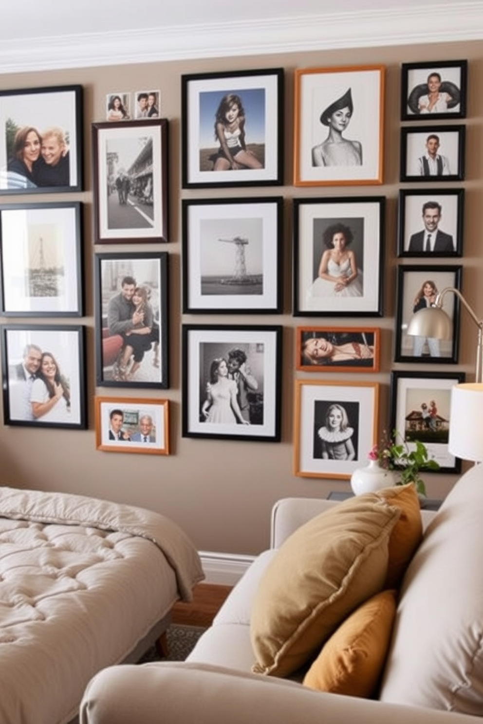 Create a gallery wall featuring a mix of framed photos and artwork that reflects personal memories and artistic styles. The wall should be a focal point in the bedroom living room combo, harmonizing with the overall color scheme and decor of the space.