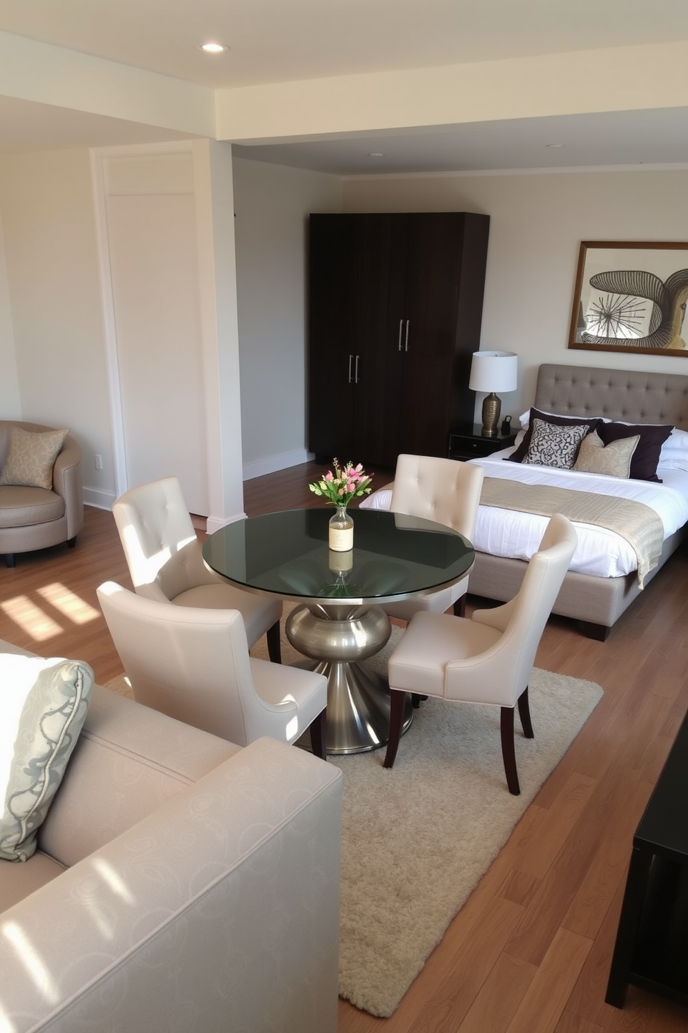 A cozy bedroom living room combo featuring a small round dining table in the center. The table is surrounded by four upholstered chairs, with a soft area rug beneath it to define the space. The bedroom area includes a plush queen-sized bed with a tufted headboard and layered bedding. A stylish nightstand with a lamp sits on one side, while a comfortable armchair is positioned in the corner for relaxation.