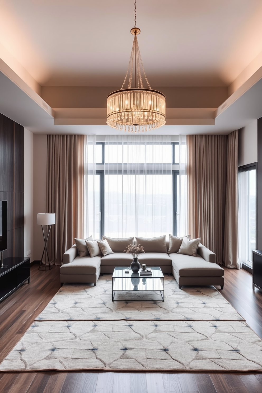 A spacious bedroom living room combo featuring a statement light fixture that serves as a focal point. The room is adorned with a plush sectional sofa in neutral tones, paired with a sleek coffee table and an area rug that ties the space together. The statement light fixture hangs elegantly from the ceiling, casting a warm glow over the seating area. Soft curtains frame the large windows, allowing natural light to filter in while maintaining privacy.