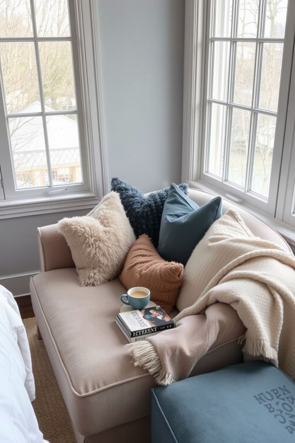 A cozy corner featuring an oversized armchair adorned with plush cushions in various textures and colors. A small side table holds a steaming cup of tea and a stack of favorite books, while a soft throw blanket drapes over the armrest. The space seamlessly blends a bedroom and living room aesthetic, with a calming color palette of soft blues and warm neutrals. Large windows allow natural light to flood in, highlighting the inviting atmosphere and creating a perfect spot for relaxation and reading.