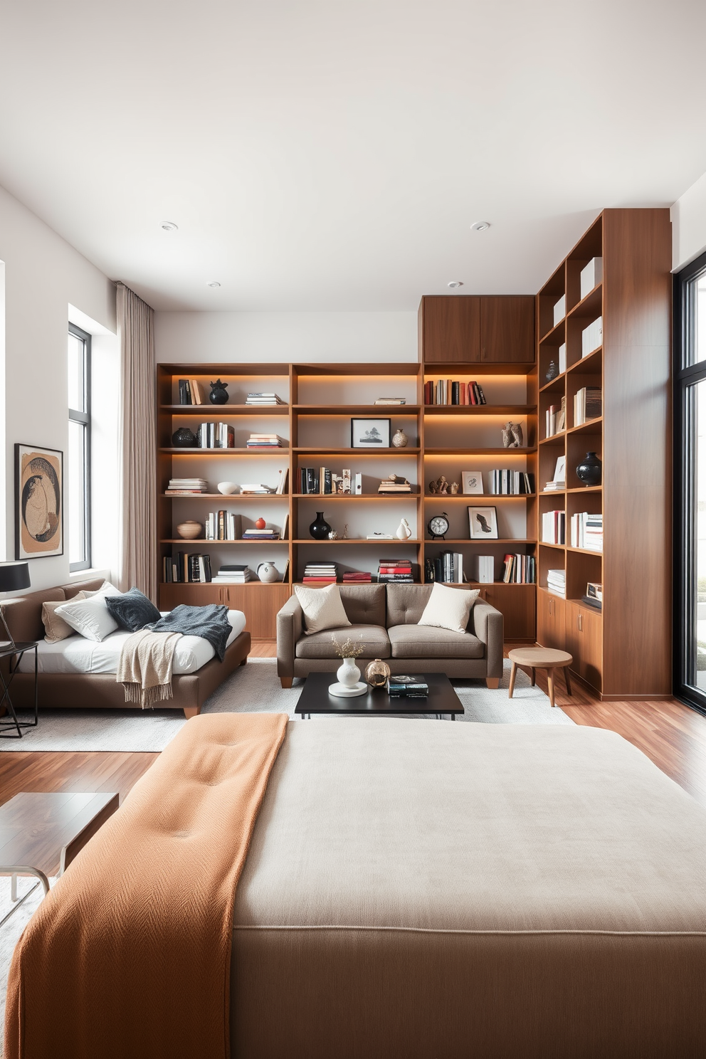 A stylish bedroom and living room combo that maximizes vertical space with elegant shelving. The design features a cozy bed with plush bedding against one wall, while the opposite wall boasts floor-to-ceiling shelves filled with books and decorative items. In the living area, a comfortable sofa is positioned to create an inviting atmosphere, complemented by a sleek coffee table. Large windows allow natural light to flood the space, enhancing the warm color palette of soft neutrals and earthy tones.