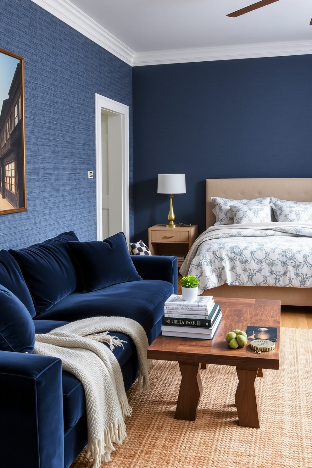 A cozy bedroom living room combo featuring a plush velvet sofa in deep navy blue paired with a soft cotton throw blanket in a contrasting light color. The walls are adorned with a textured wallpaper that adds depth, while a rustic wooden coffee table sits in front of the sofa, topped with a stack of design books and a small potted plant. In the bedroom area, a king-sized bed is dressed in luxurious linens with a mix of patterns, complemented by a pair of elegant bedside lamps. A woven area rug anchors the space, providing warmth and inviting comfort to this multifunctional room.