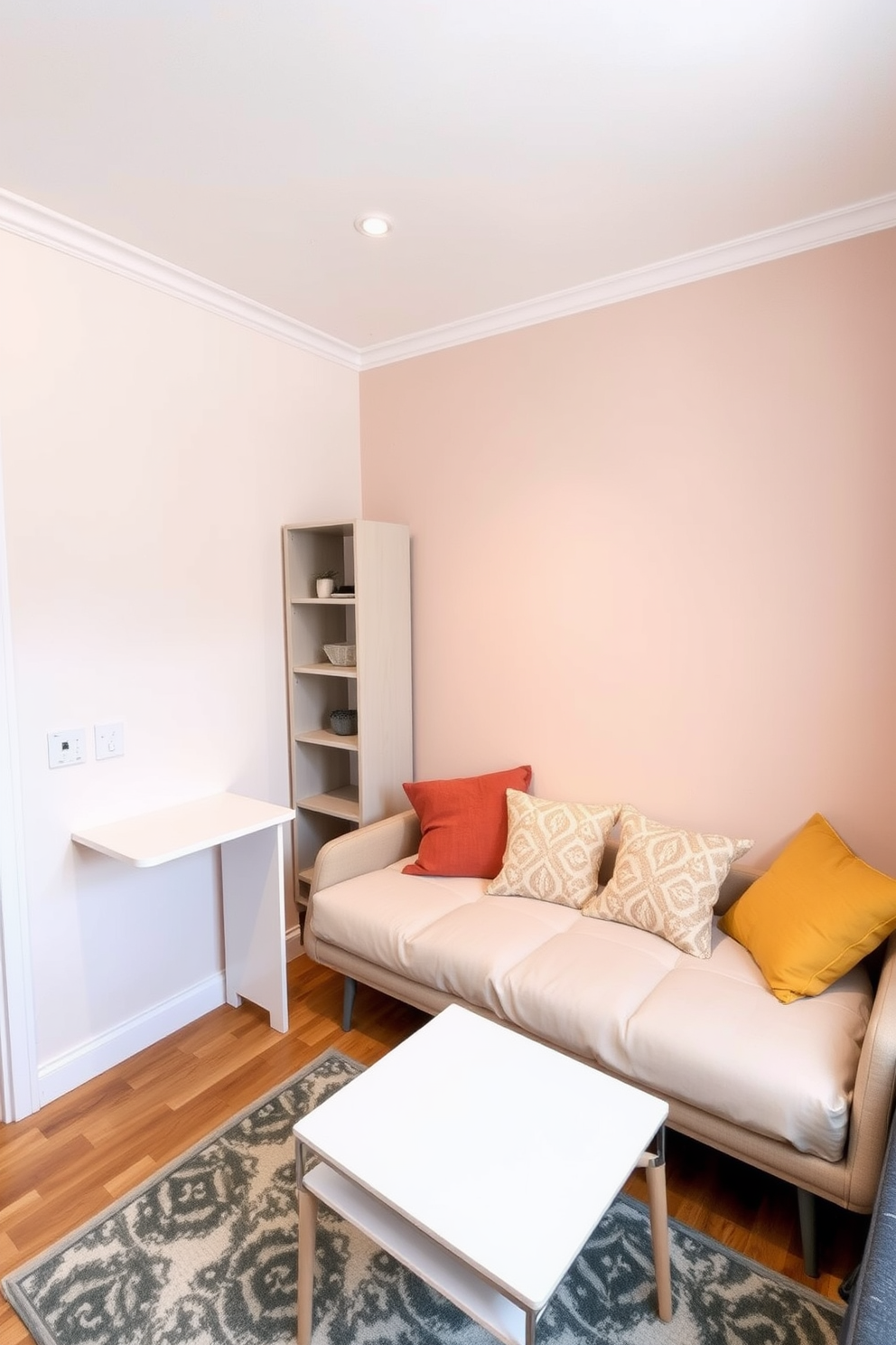 A cozy bedroom living room combo featuring a stylish daybed that doubles as a sofa. The walls are painted in soft pastel tones, and a compact coffee table sits in front of the daybed, surrounded by colorful cushions. In the corner, a sleek shelving unit provides storage and display space without taking up much room. A small desk with a minimalist design is placed against the wall, creating a functional workspace that complements the overall aesthetic.