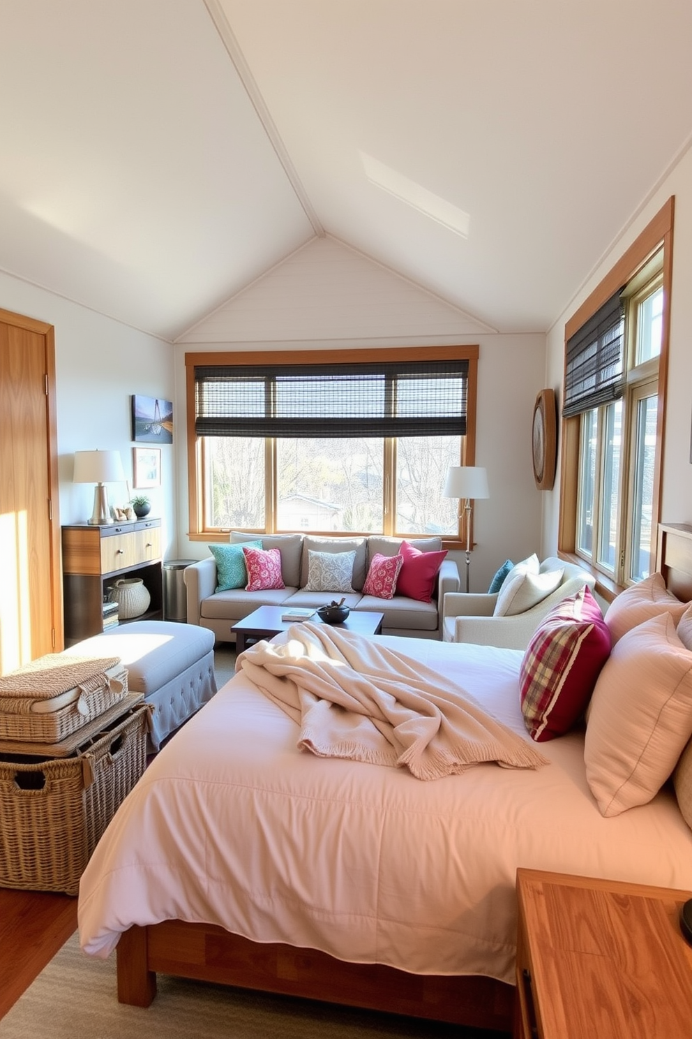 A cozy bedroom and living room combo featuring decorative baskets for storage. The space includes a plush bed with a soft throw blanket and a stylish seating area with a comfortable sofa and colorful cushions. Natural light floods the room through large windows, highlighting the warm wood tones of the furniture. The decorative baskets are placed strategically around the room, adding both functionality and a touch of charm.