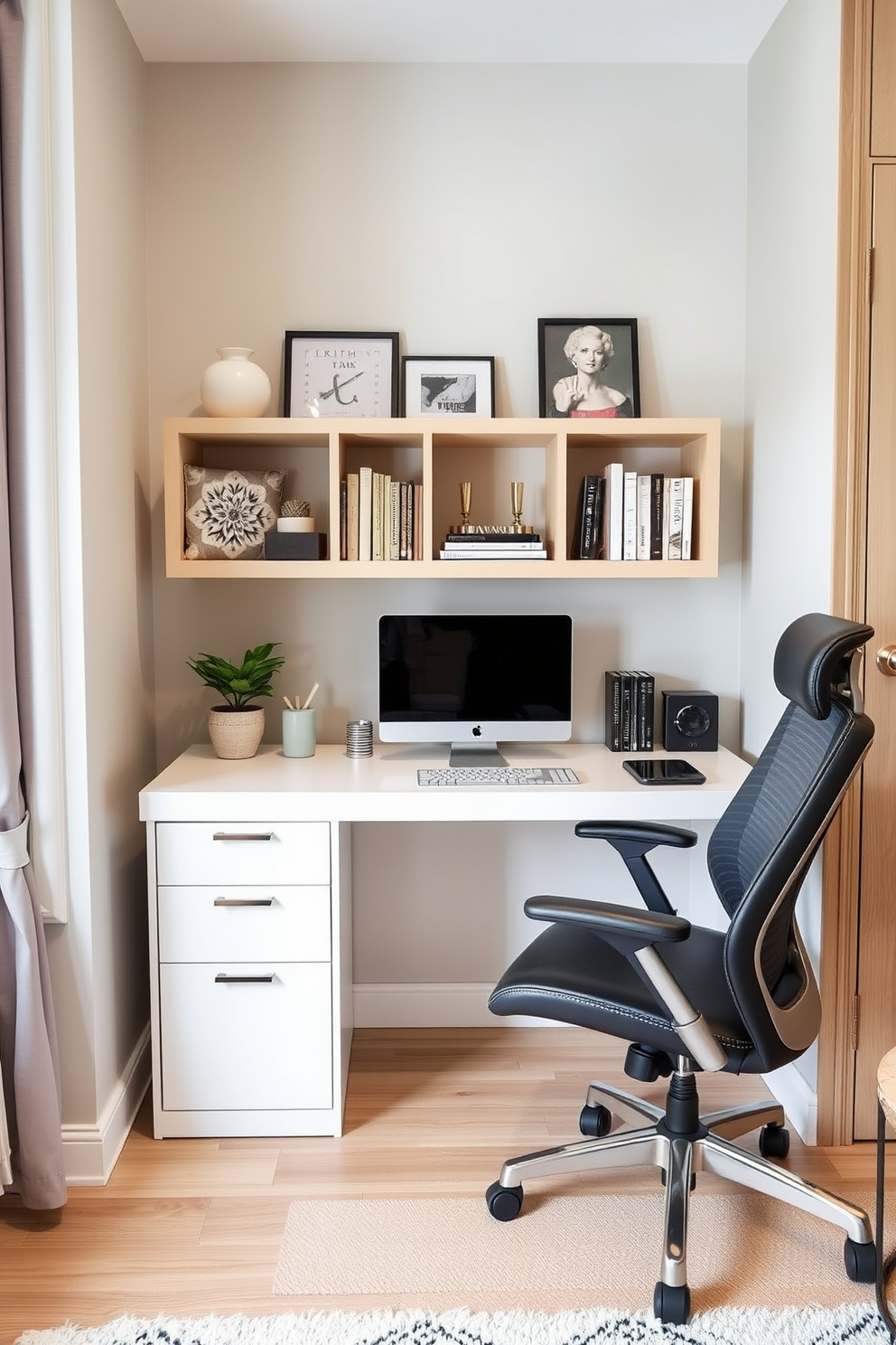 Design a compact workspace in a corner of a bedroom living room combo. The workspace features a sleek desk with a minimalist design, a comfortable ergonomic chair, and a small bookshelf filled with decorative items and books.