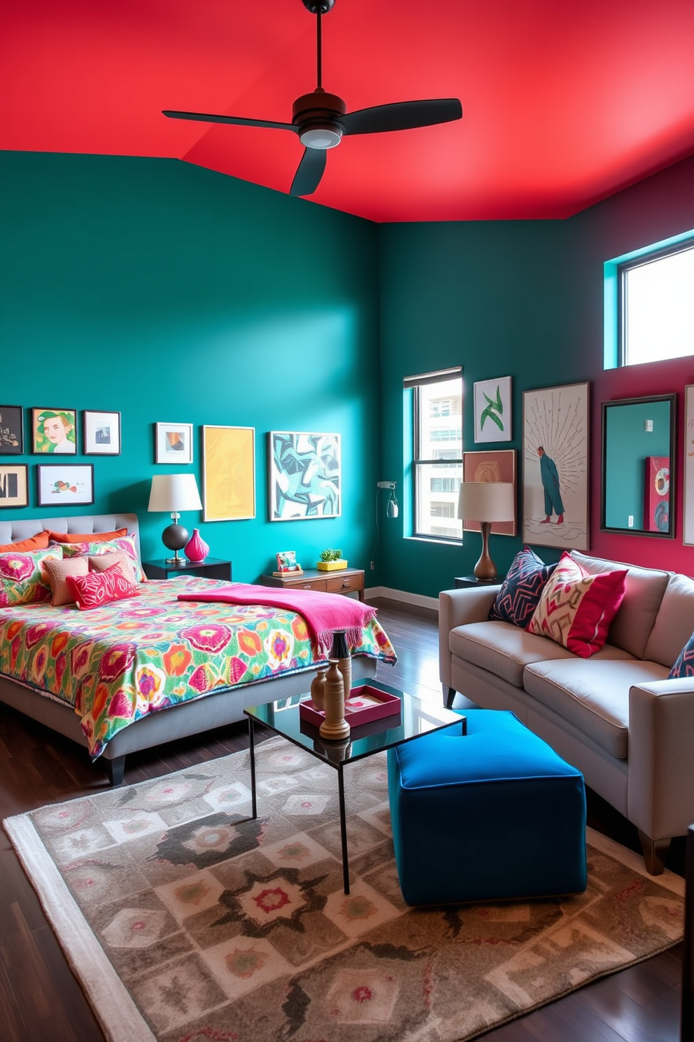 A vibrant bedroom living room combo featuring bold accent walls painted in deep teal and bright coral. The space includes a plush king-sized bed with a colorful patterned duvet, and a cozy seating area with a modern sofa adorned with vibrant throw pillows. Large windows allow natural light to flood the room, highlighting the eclectic mix of artwork displayed on the walls. A stylish area rug with geometric designs anchors the seating area, while a sleek coffee table adds functionality to the space.