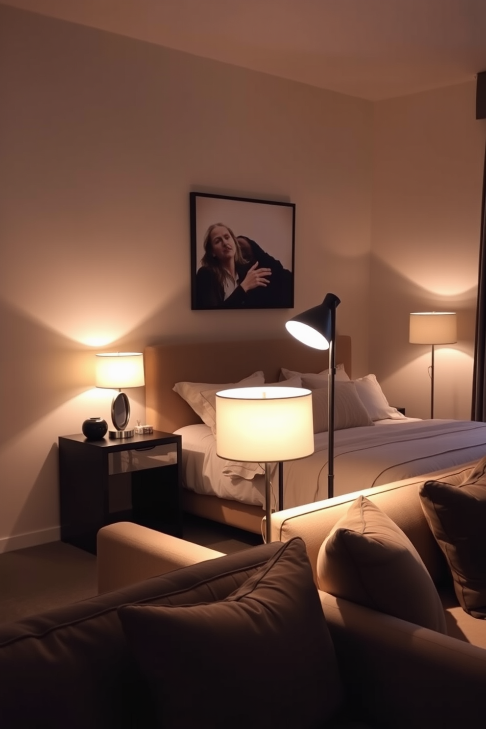 A cozy bedroom and living room combo featuring layered lighting with stylish floor and table lamps. The bedroom area showcases a plush bed with soft linens and a bedside table adorned with a modern lamp, while the living space boasts a comfortable sofa illuminated by a chic floor lamp.