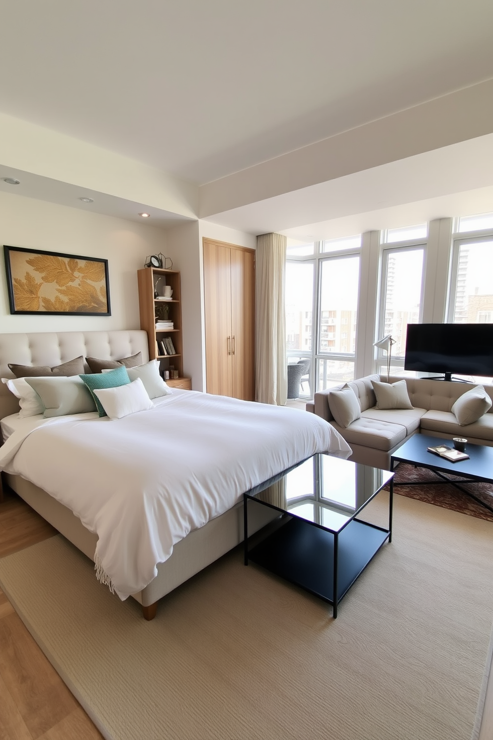 A cozy bedroom living room combo featuring a plush king-sized bed adorned with soft linens and decorative pillows. Adjacent to the bed, a small bookshelf filled with books and decorative items adds character to the space. The living area includes a stylish sectional sofa facing a sleek coffee table, creating an inviting atmosphere for relaxation. Large windows allow natural light to flood the room, complemented by warm, neutral tones in the decor.